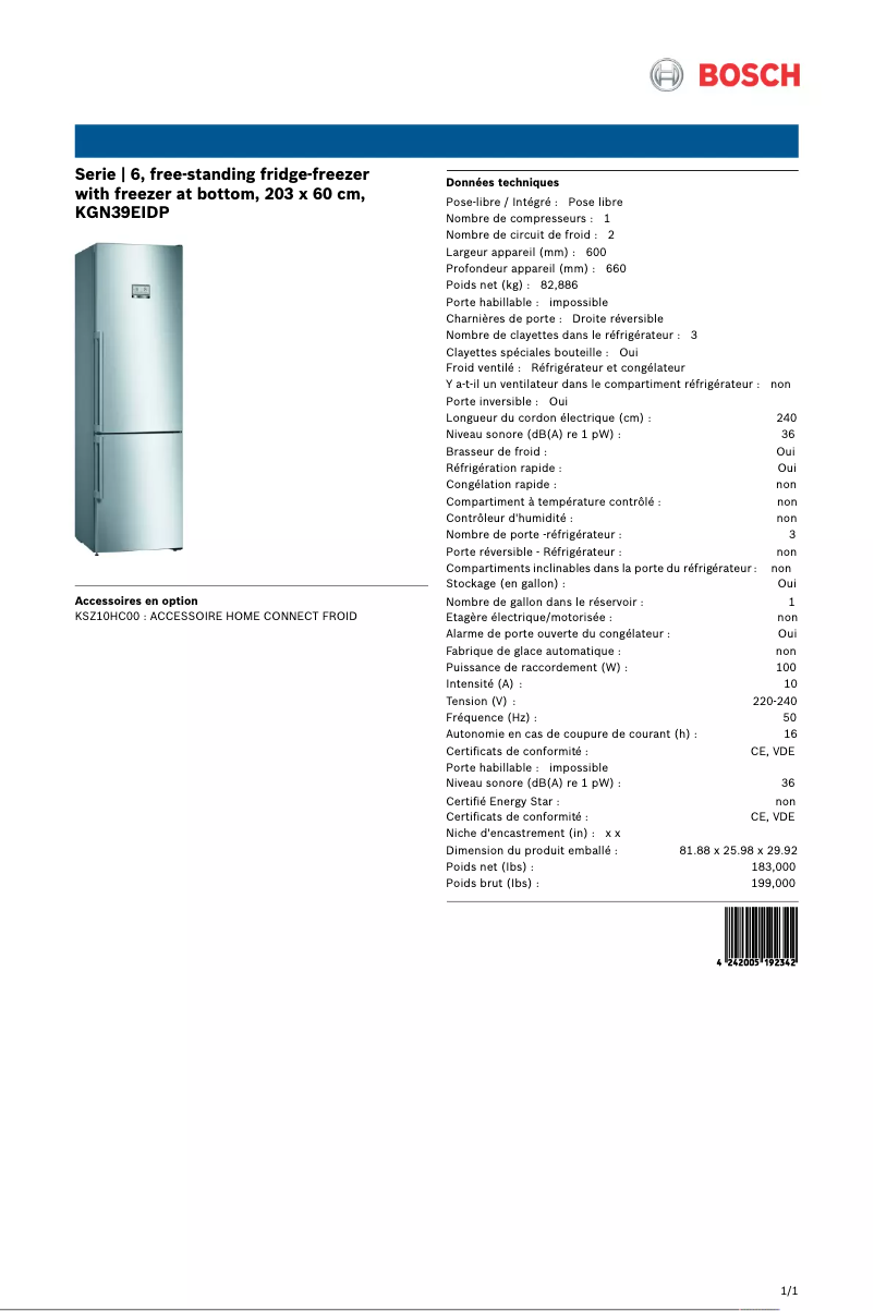 Page 1 of the manual Technical Sheet Bosch KGN39EIDP