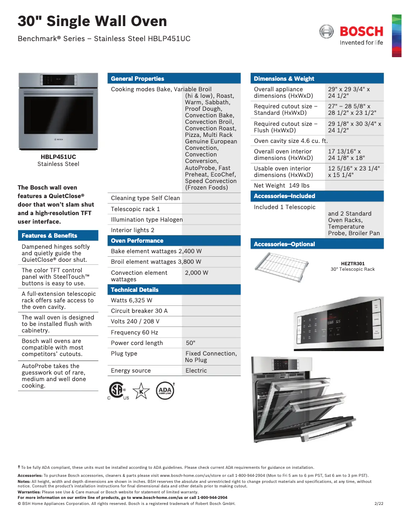 Page 1 de la notice Fiche technique Bosch HBLP451UC