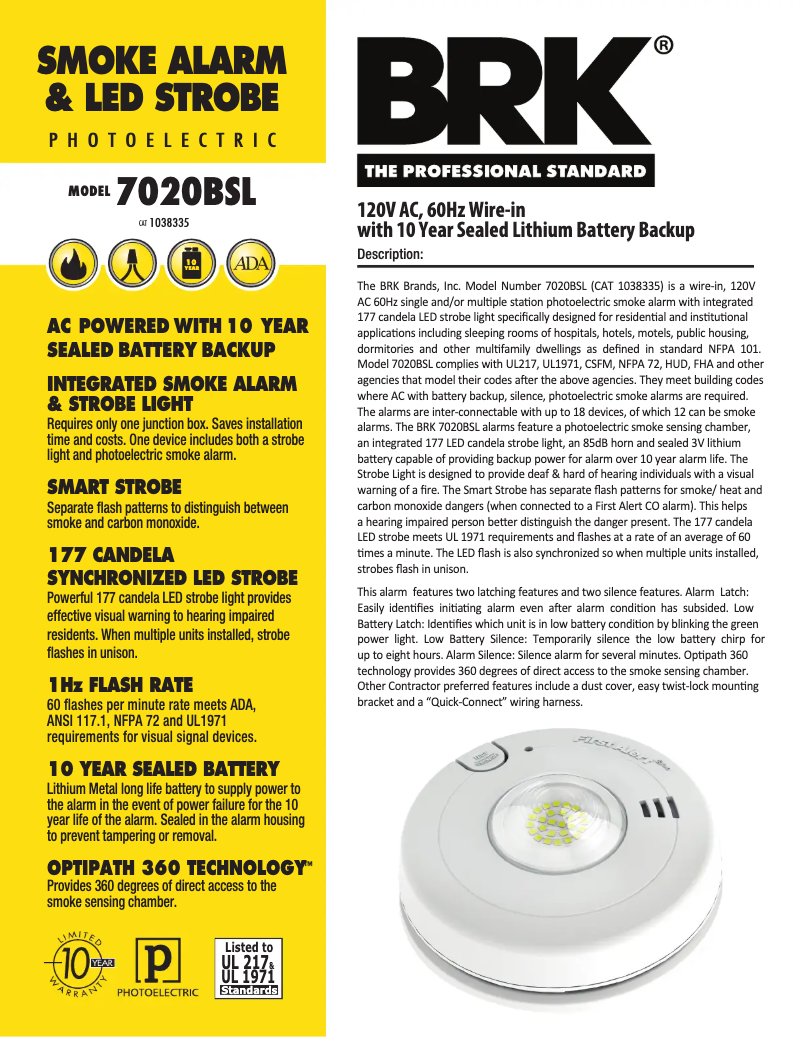 Page 1 de la notice Fiche technique First Alert 7020BSL