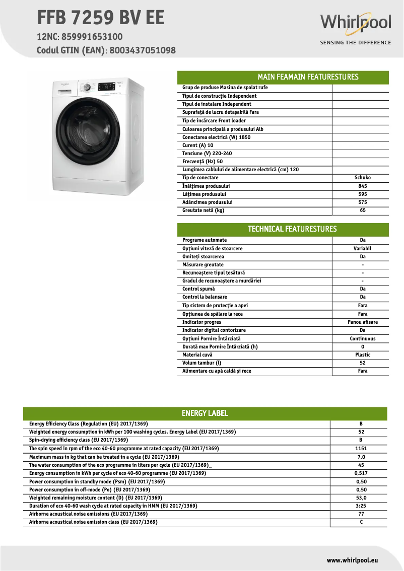 Page 1 de la notice Fiche technique Whirlpool FFB 7259 BV EE