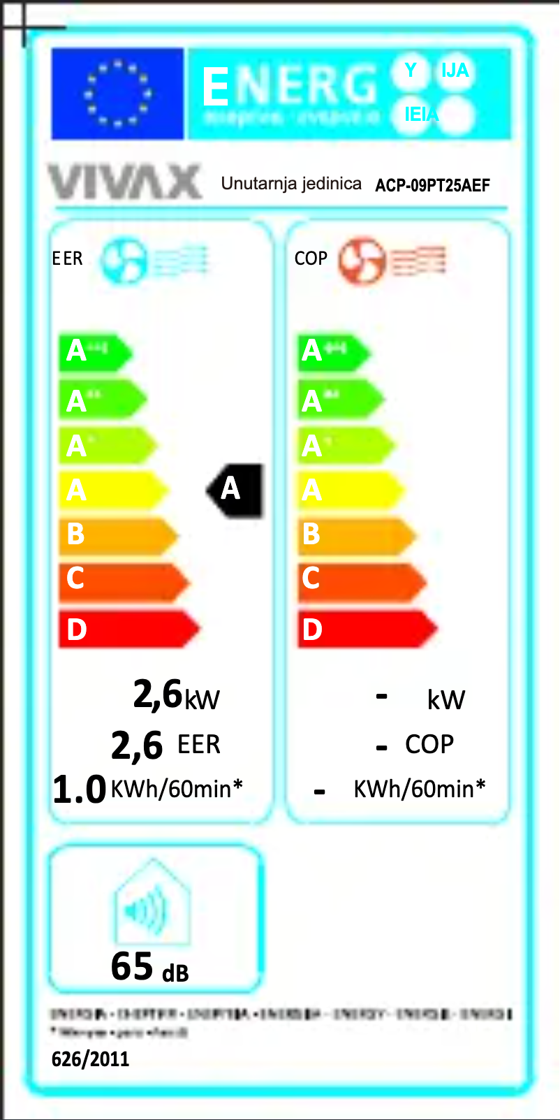 Page 1 de la notice Label énergétique Vivax ACP-09CH25AEF