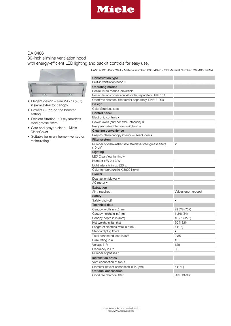 Page n°1 - Fiche technique Miele DA 3486