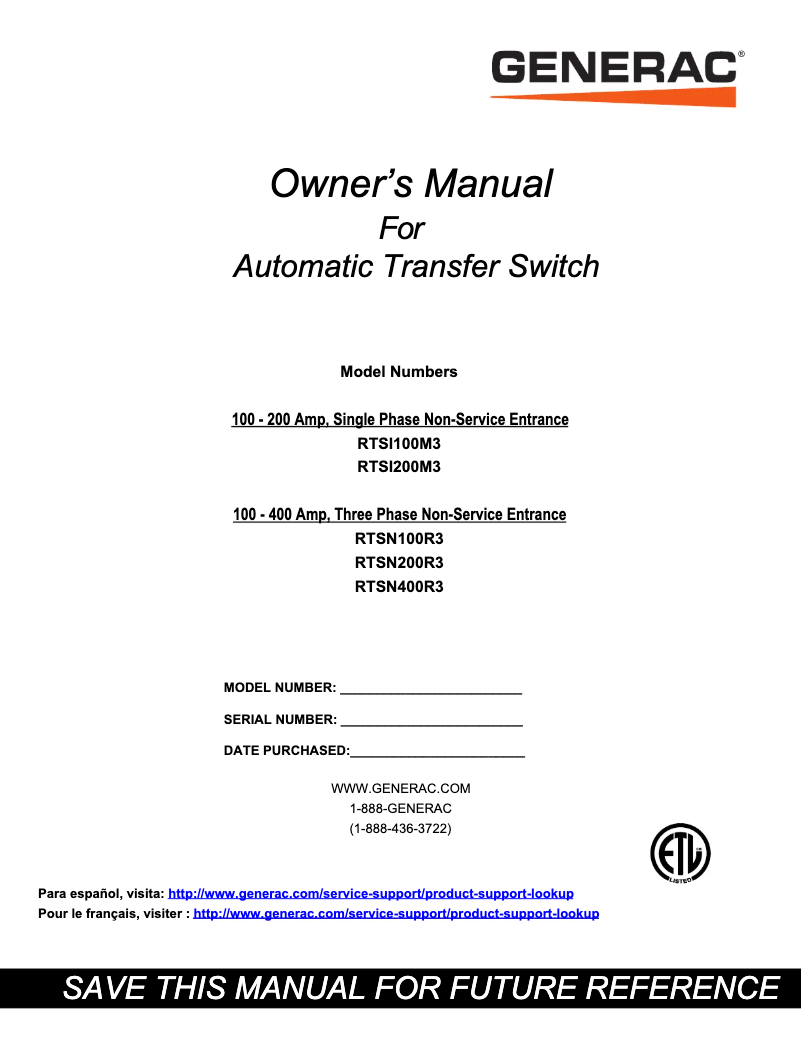 Página 1 del manual Manual de usuario Generac RTSI200M3
