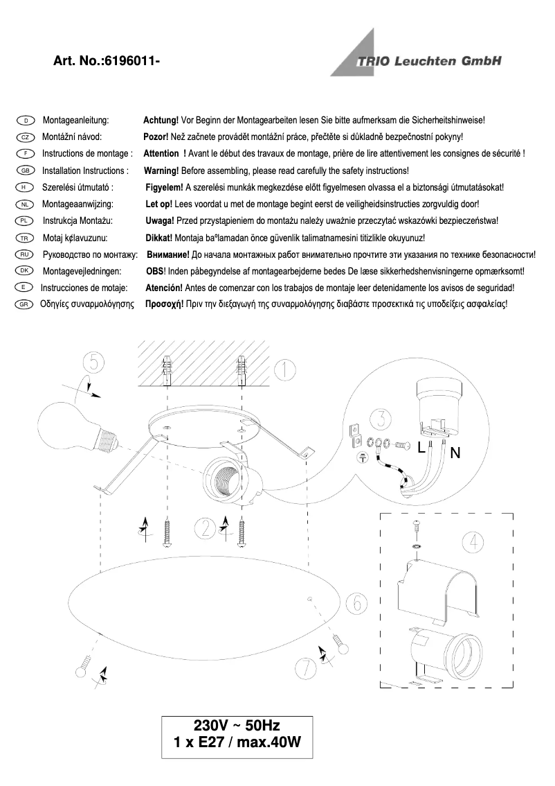 Page n°1 - Manuel utilisateur Trio Lighting Lana 6196011-01