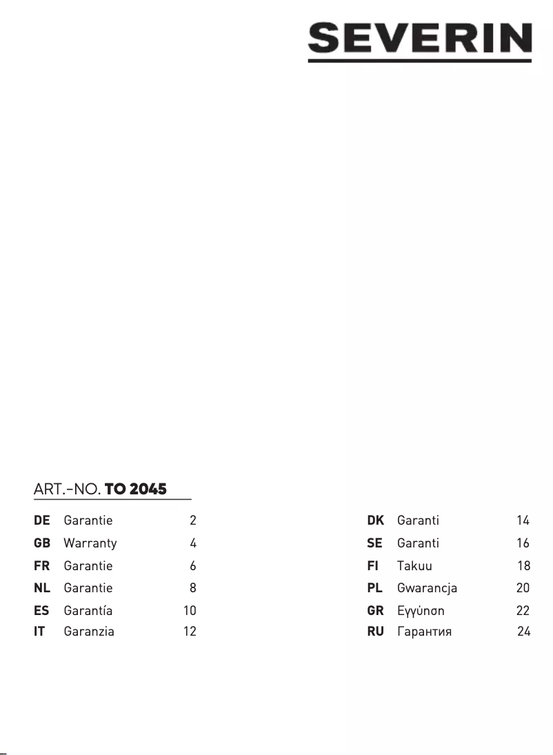 Page 1 de la notice Informations de garantie Severin TO 2045