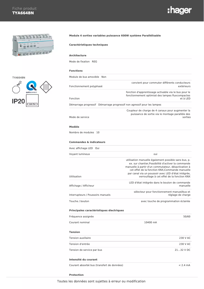 Page 1 de la notice Fiche technique Hager TYA664BN