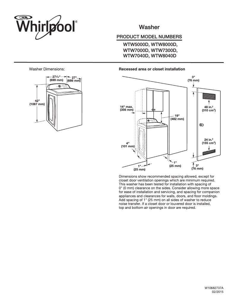 Page 1 de la notice Fiche technique Whirlpool WTW5000DW