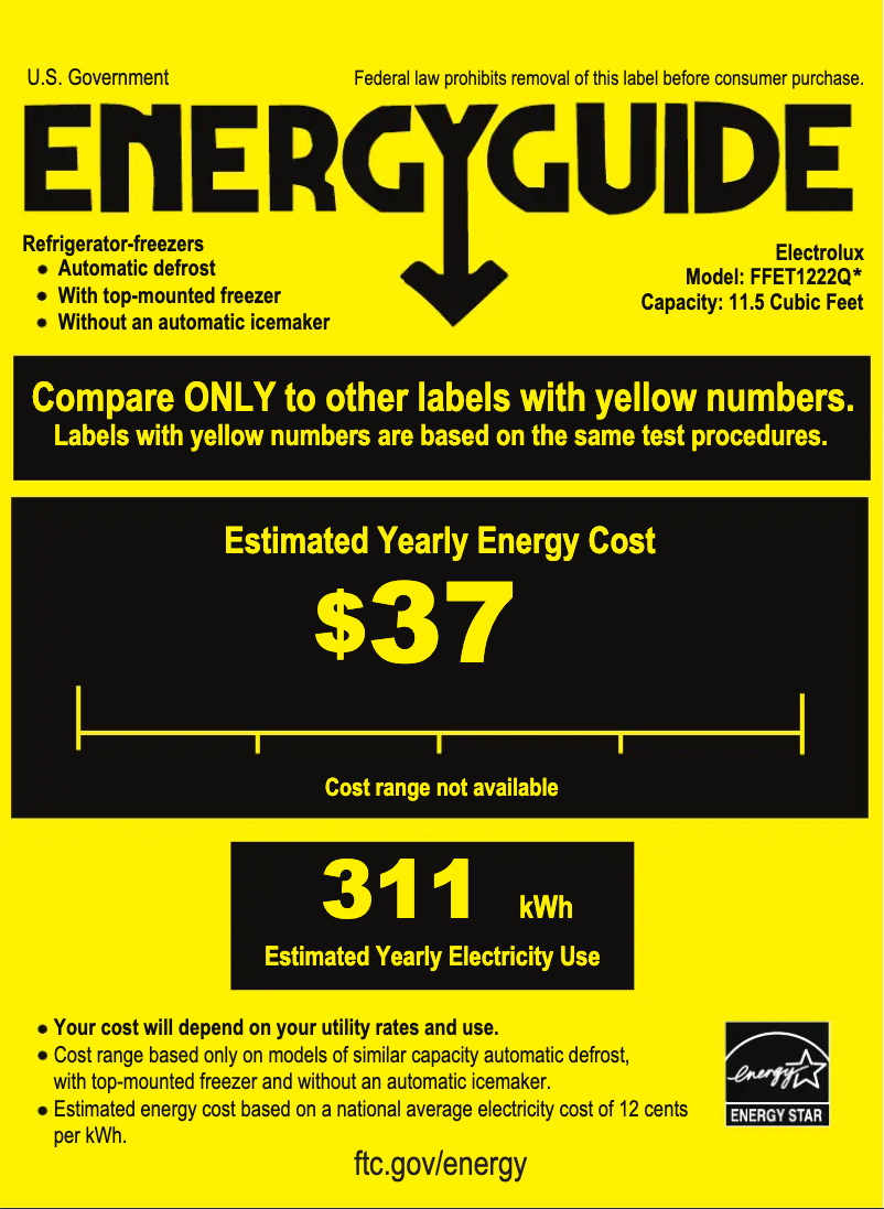 Page 1 de la notice Label énergétique Frigidaire FFET1222Q