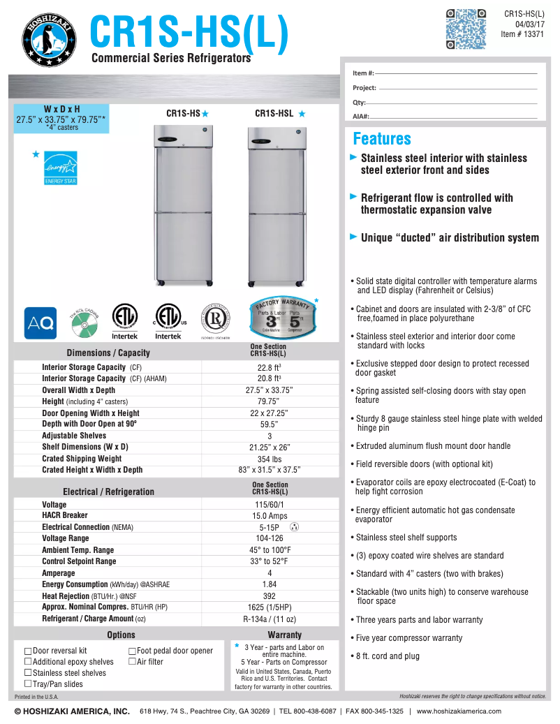 Image de la première page du manuel de l'appareil Commercial CR1S-HS