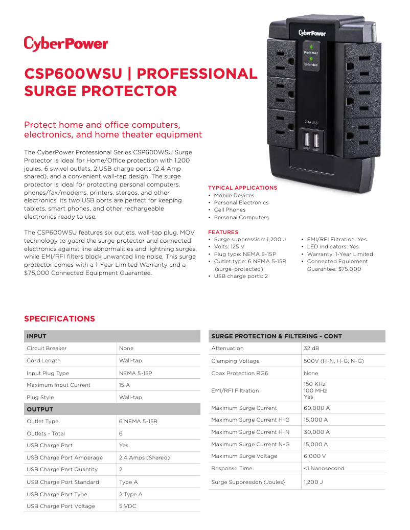Page 1 de la notice Fiche technique CyberPower CSP600WSU