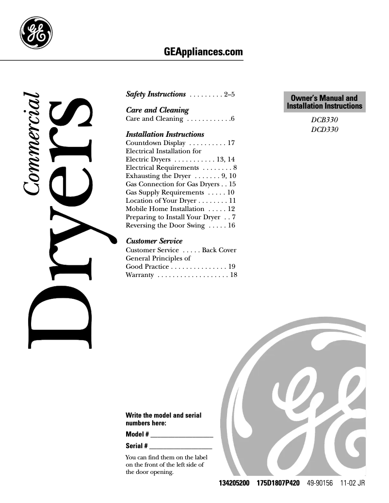 Page n°1 - Manuel d'utilisation et d'entretien GE DCB330EBWC