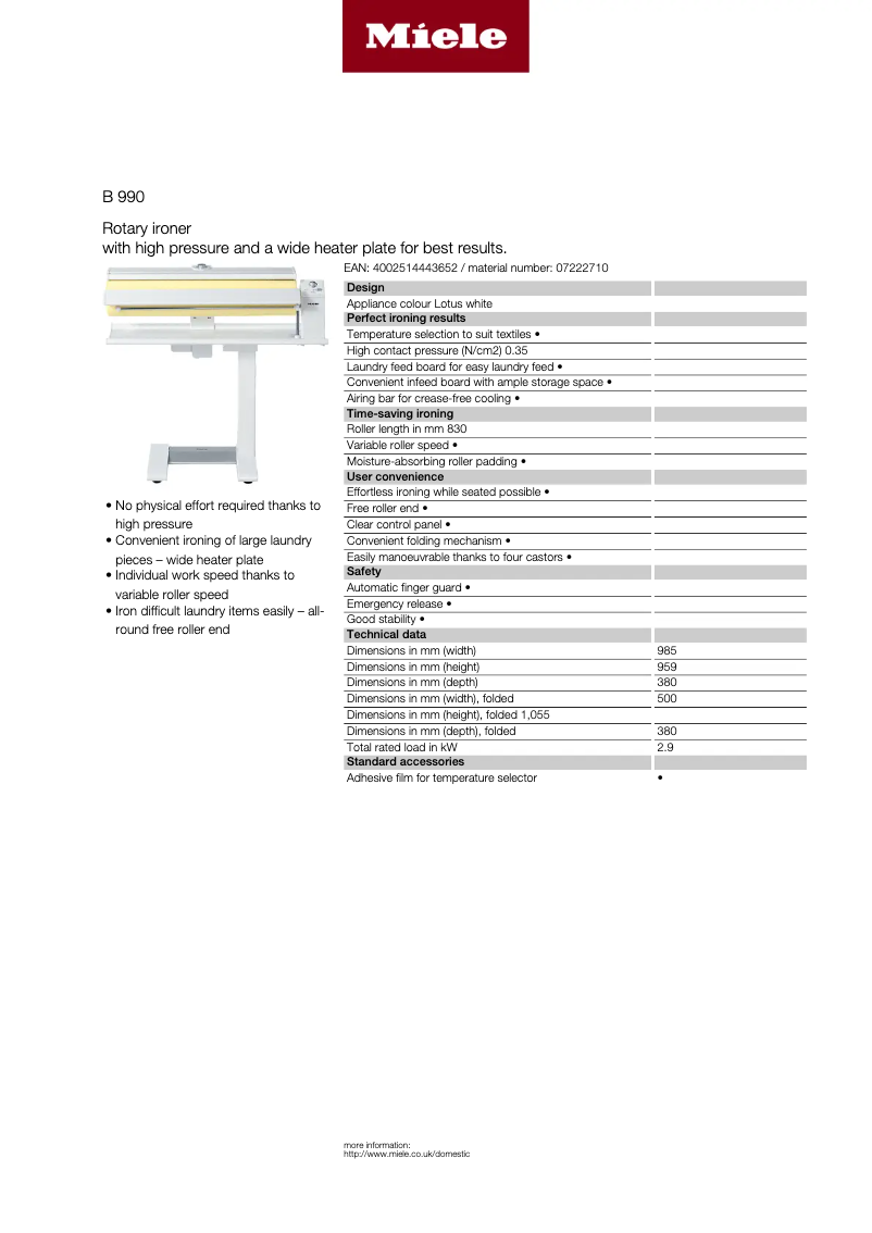 Page 1 de la notice Fiche technique Miele B990