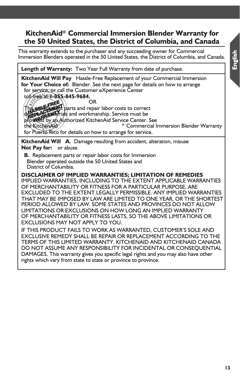 Page 1 de la notice Informations de garantie KitchenAid KHBC208ER