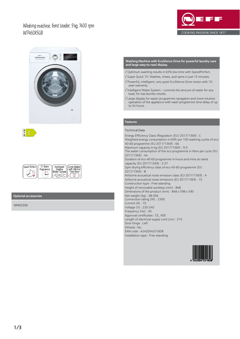 Page n°1 - Fiche technique Neff W7460X5GB