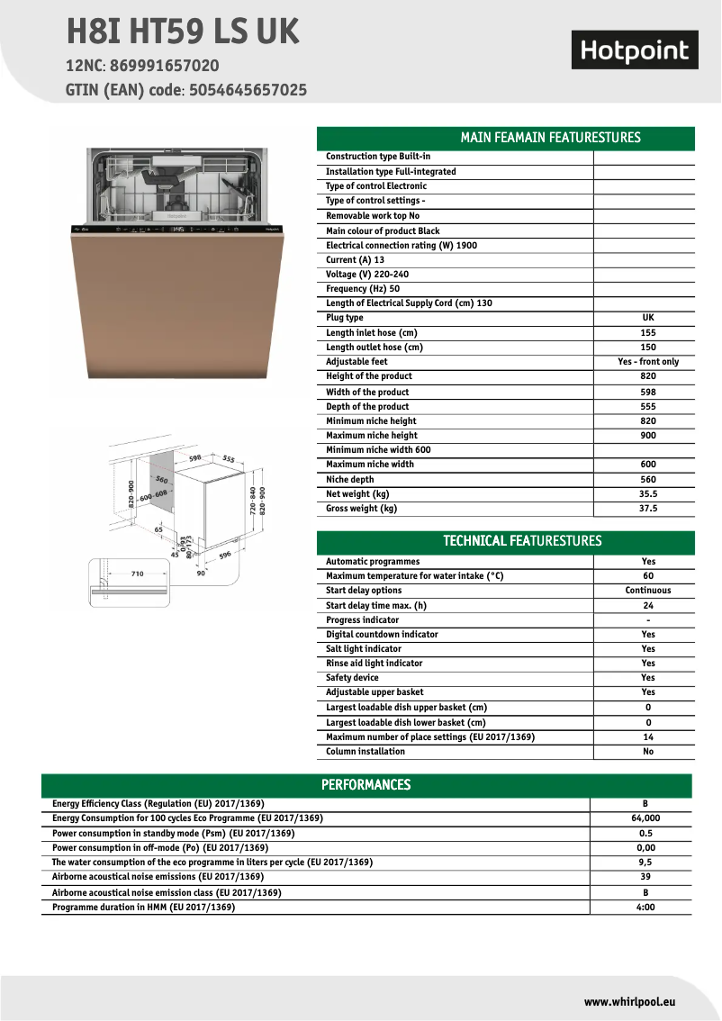 Página 1 del manual Ficha técnica Hotpoint H8I HT59 LS UK