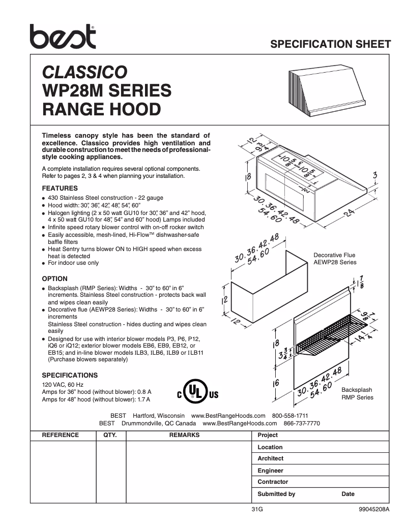 Page n°1 - Fiche technique Best Classico WP28M48SB