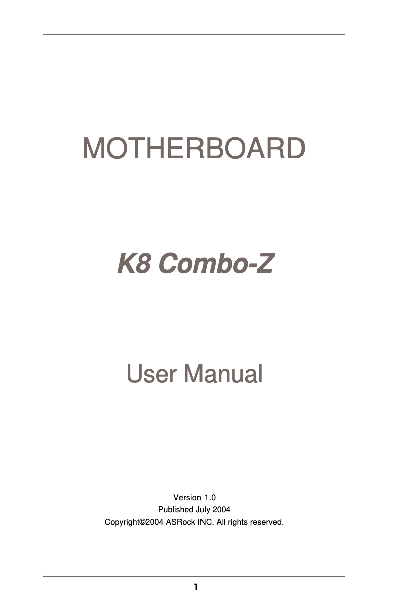 Page n°1 - Manuel utilisateur Asrock K8 Combo-Z