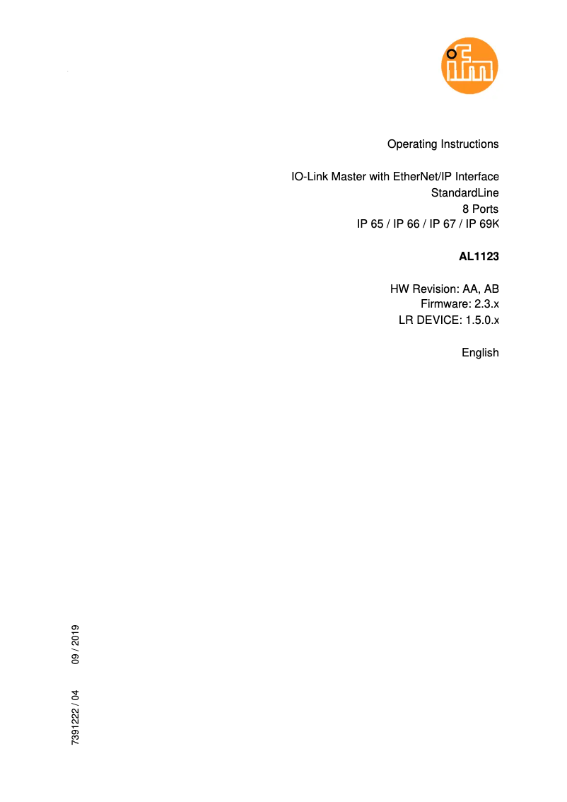 Page 1 de la notice Manuel utilisateur IFM AL1123