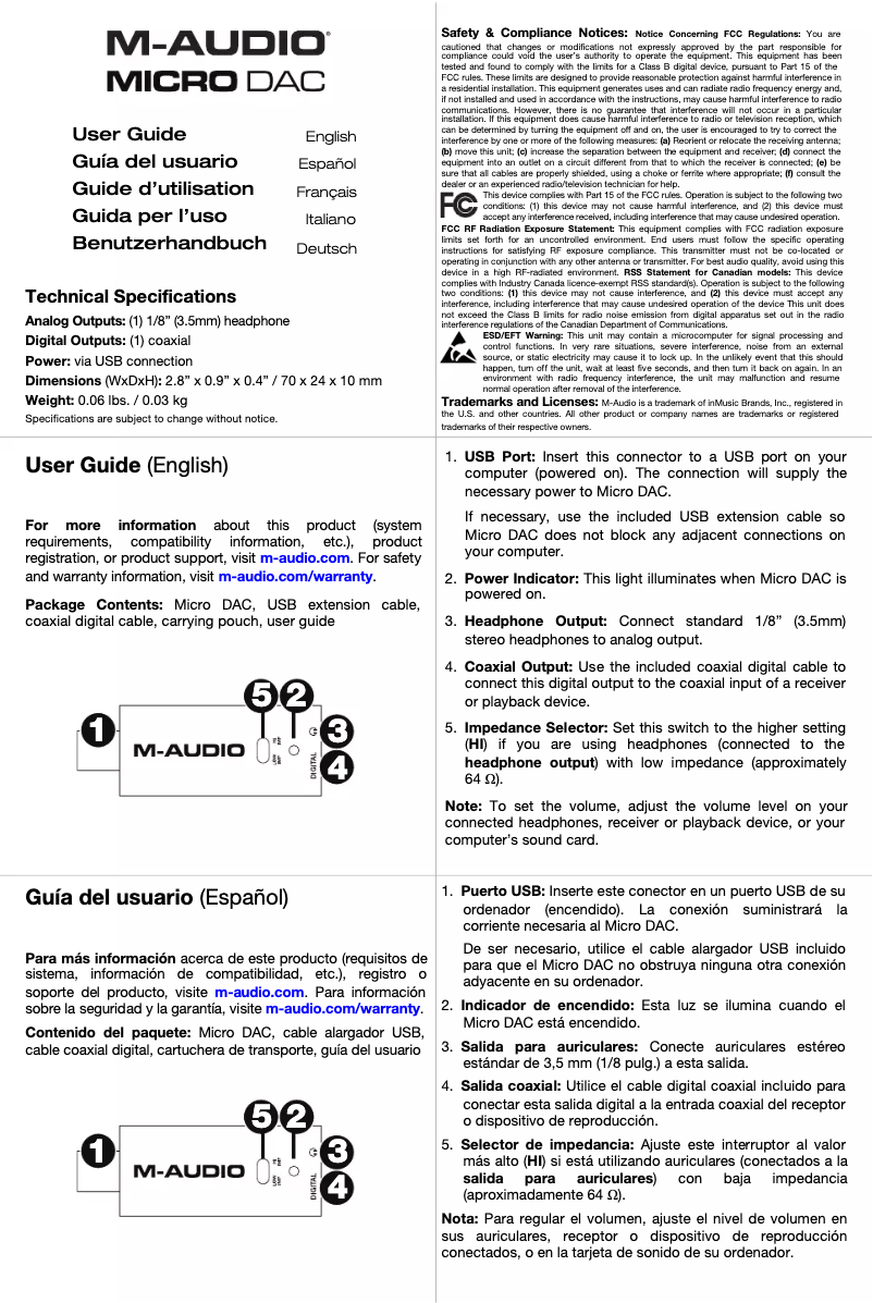 Page 1 de la notice Manuel utilisateur M-Audio Micro DAC