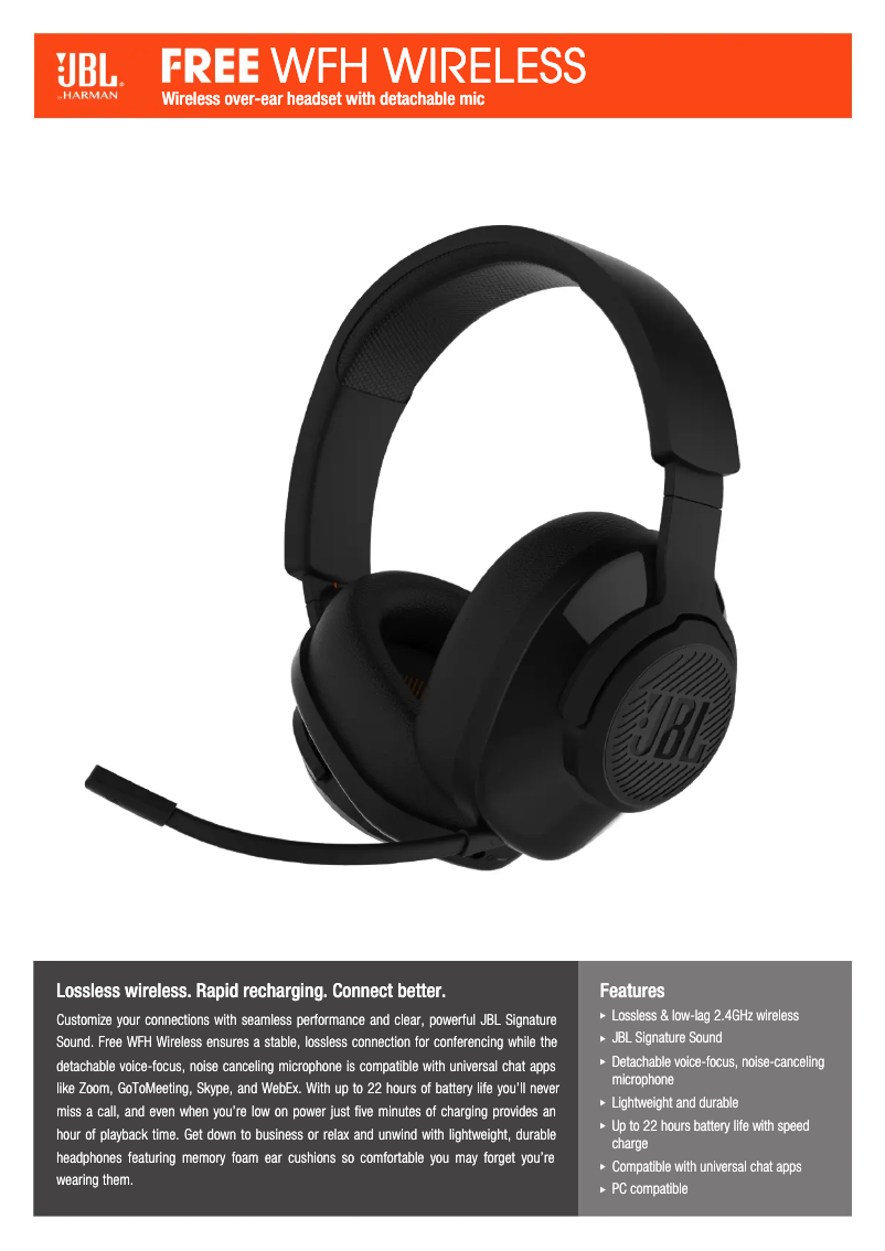 Page 1 de la notice Fiche technique JBL Free WFH Wireless