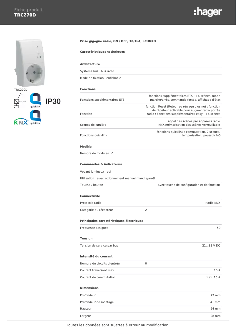 Page n°1 - Fiche technique Hager TRC270D