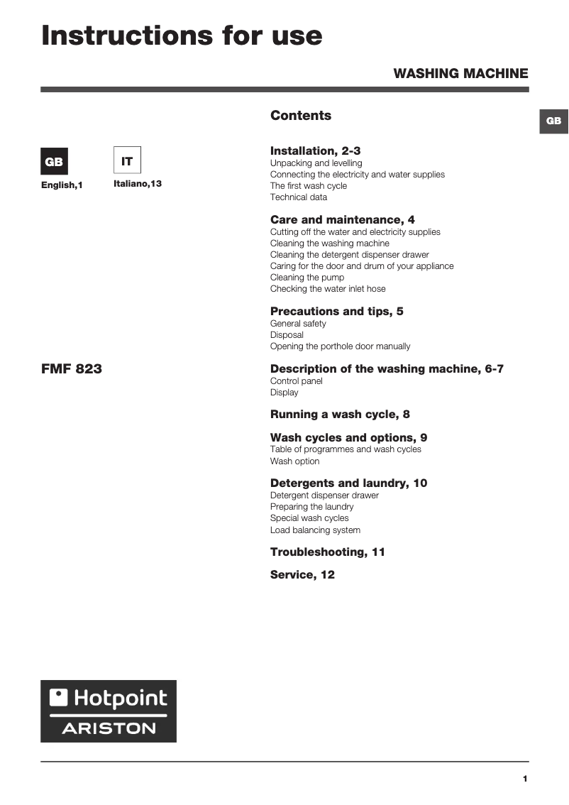 Page n°1 - Manuel utilisateur Hotpoint FMF 823 EU