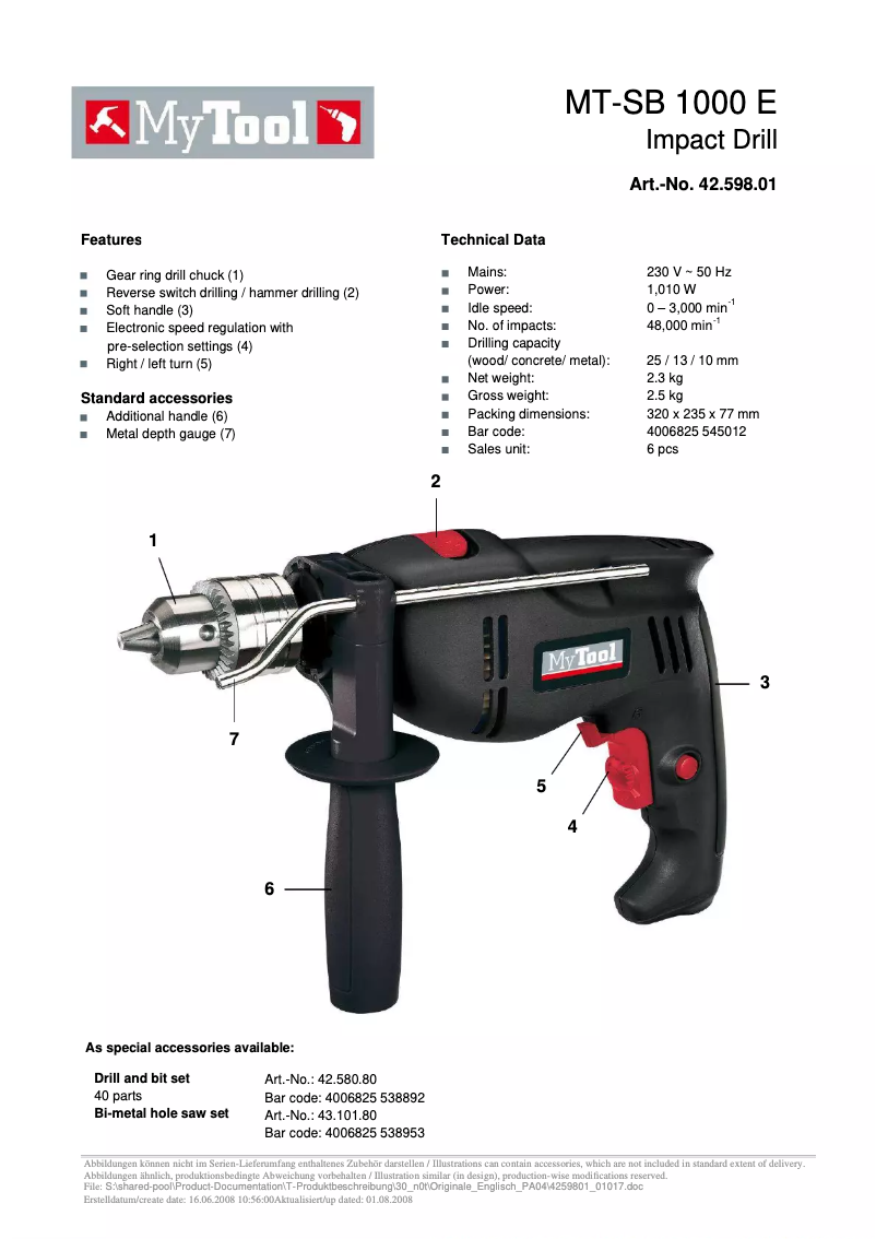 Page n°1 - Manuel utilisateur MyTool MT-SB 1000 E