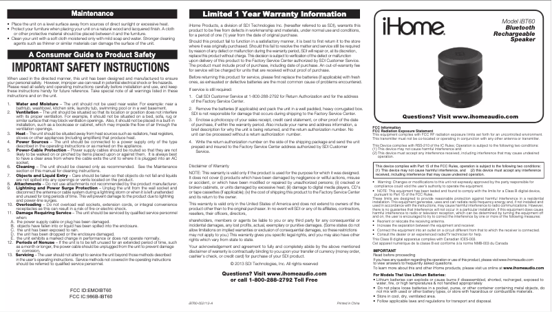 Page 1 de la notice Manuel utilisateur iHome IBT60