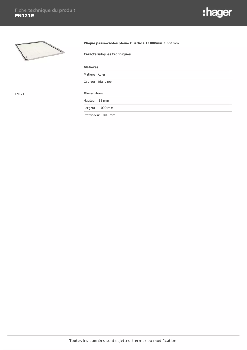 Page 1 de la notice Fiche technique Hager FN121E