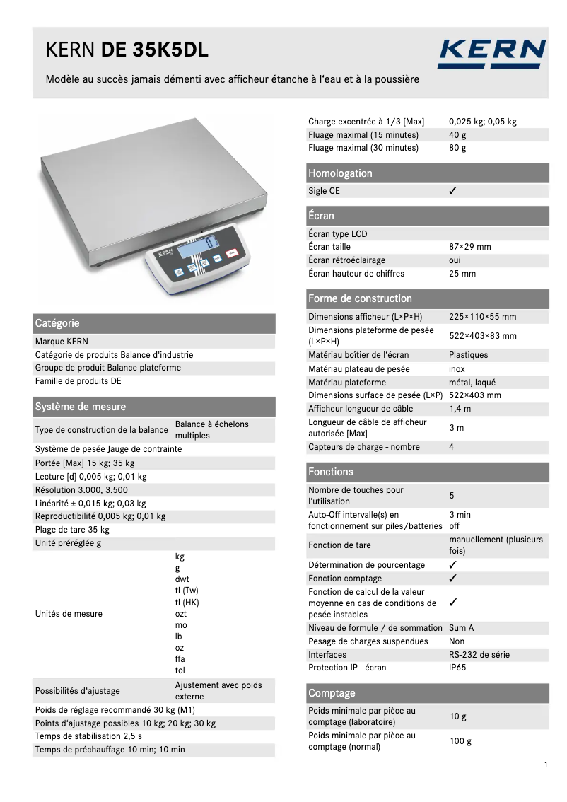 Page 1 de la notice Fiche technique Kern DE 35K5DL