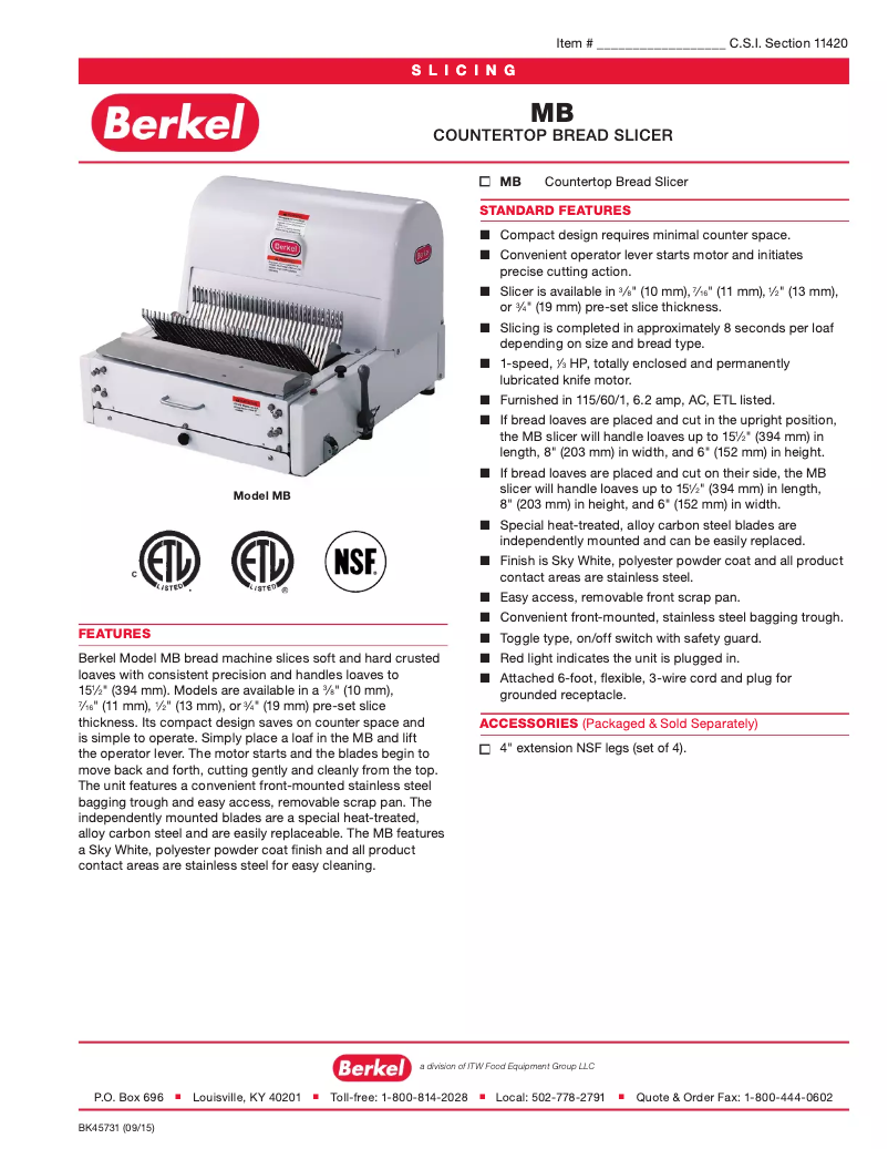 Page 1 de la notice Fiche technique Berkel MB3-8STD