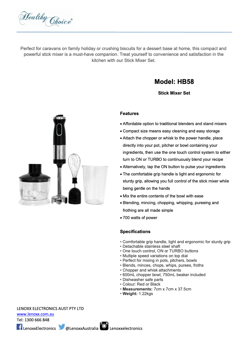 Page n°1 - Fiche technique Healthy Choice HB58