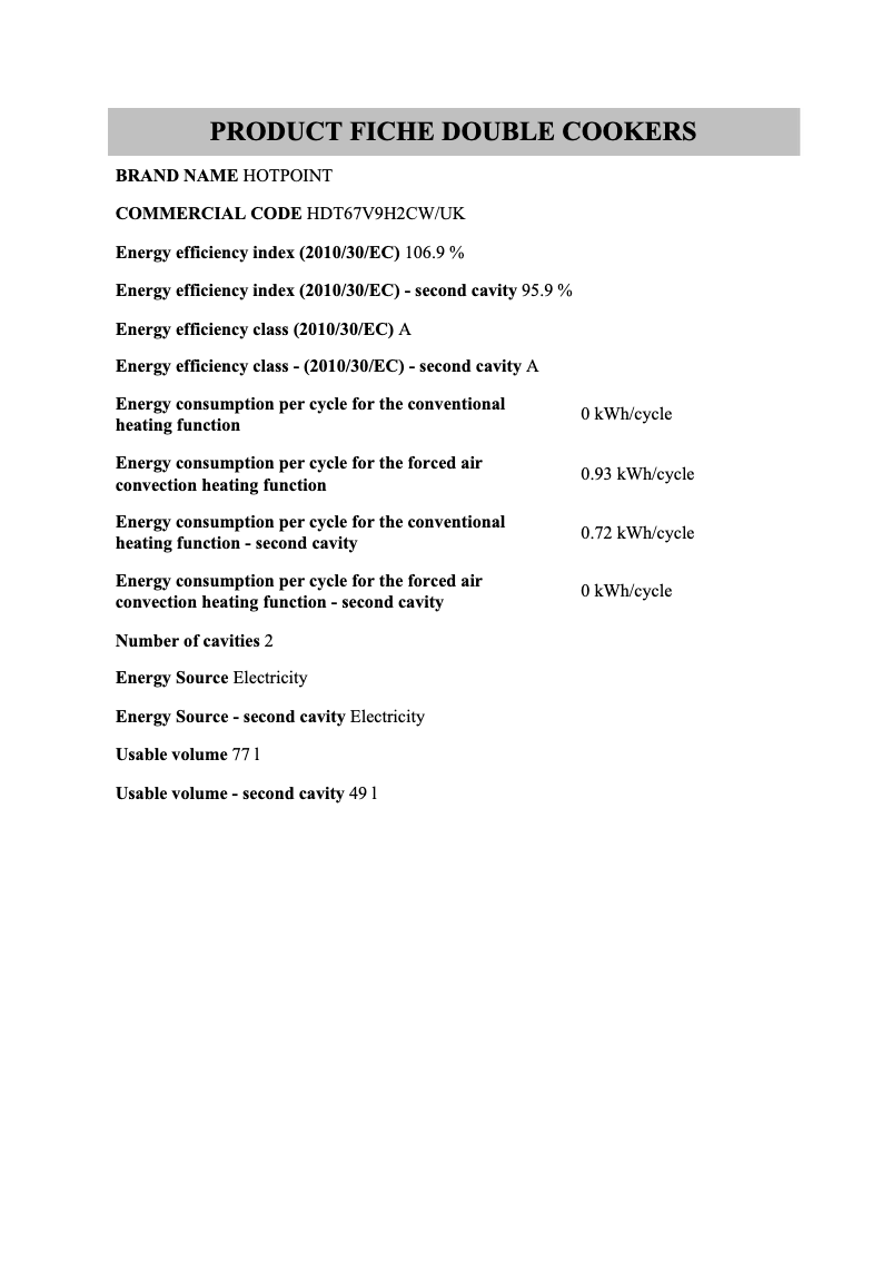 Página 1 del manual Ficha técnica Hotpoint HDT67V9H2CW/UK