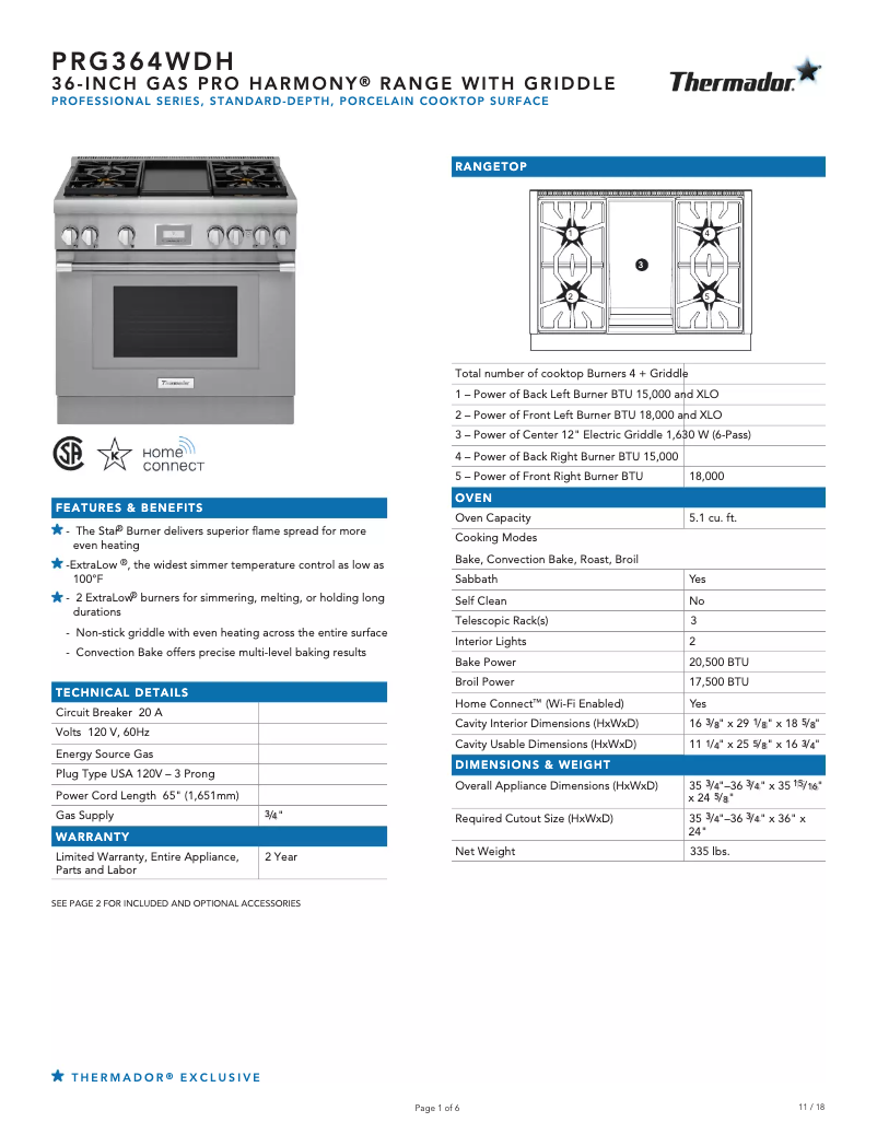 Page n°1 - Fiche technique Thermador Pro Harmony PRG366WH