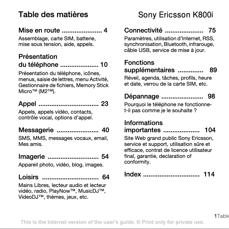 Page 1 de la notice Manuel utilisateur Sony Ericsson K800i
