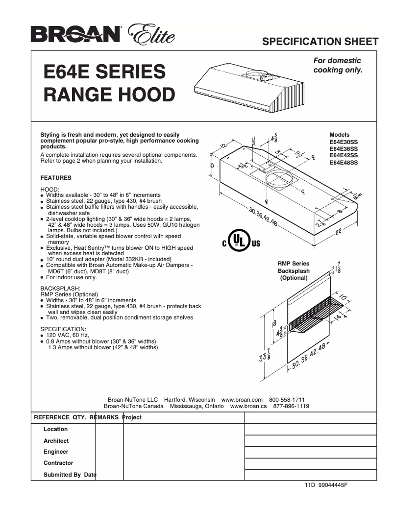 Page 1 de la notice Fiche technique Broan E64E30SS