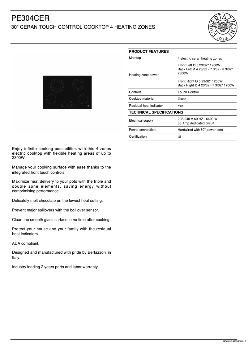 Page n°1 - Fiche technique Bertazzoni PE304CER
