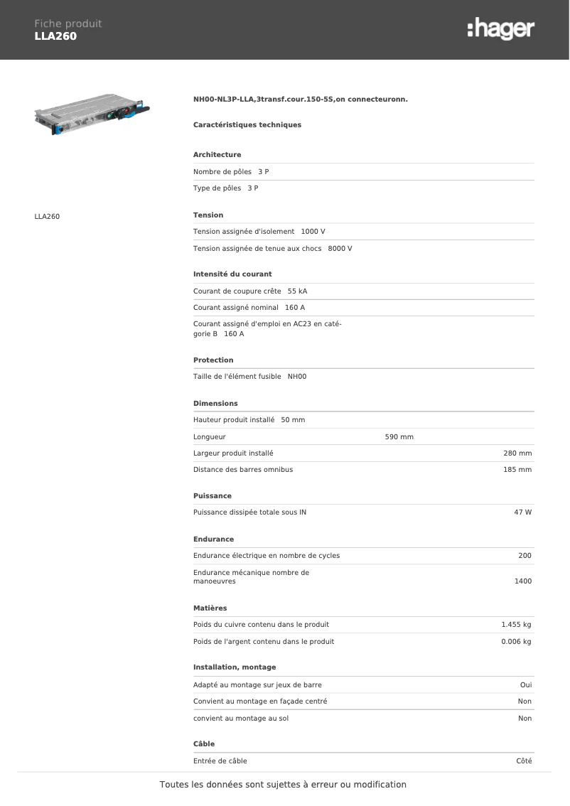 Page 1 de la notice Fiche technique Hager LLA260