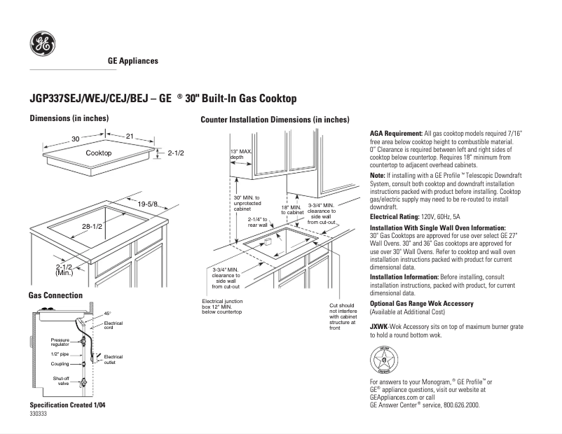 Page 1 of the manual Technical Sheet GE JGP337CEJCC