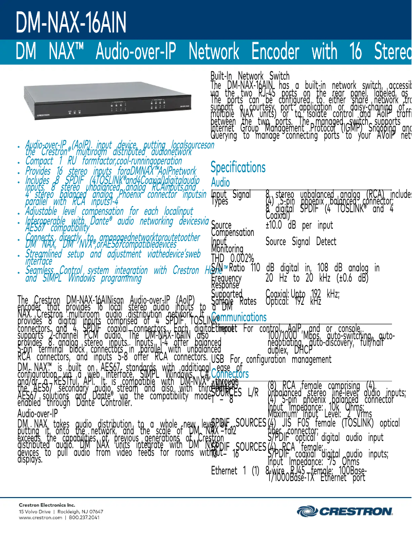 Page n°1 - Fiche technique Crestron DM-NAX-16AIN