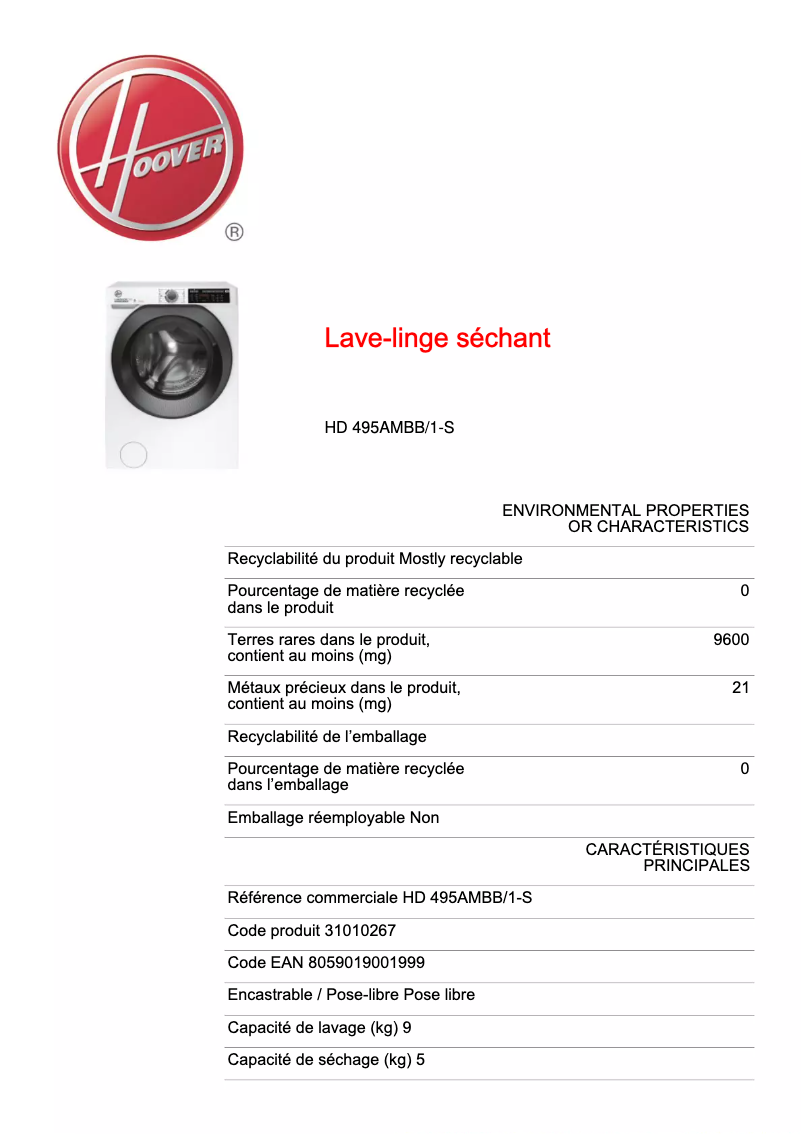 Page n°1 - Fiche technique Hoover H-WASH&DRY 500 HD 495AMBB/1-S