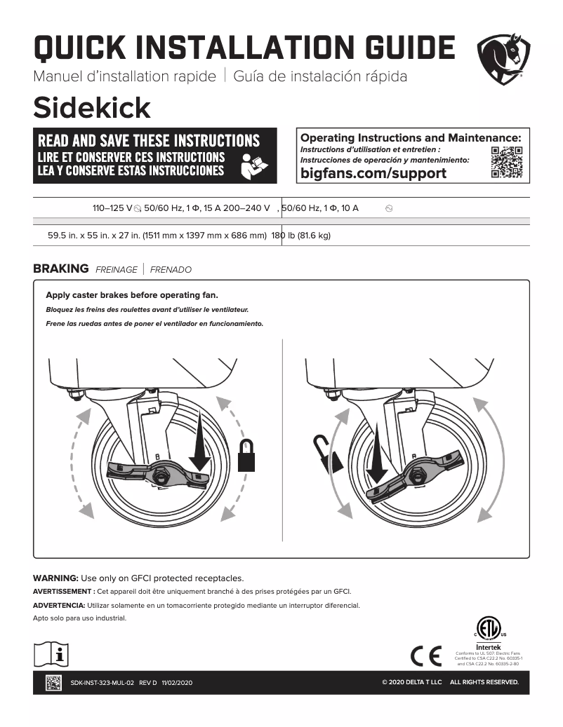 Page n°1 - Guide d'installation Big Ass Fans Sidekick