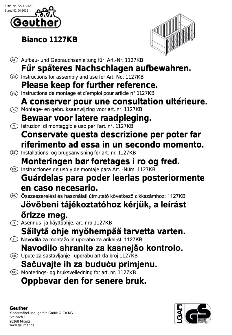 Page 1 de la notice Manuel utilisateur Geuther Bianco