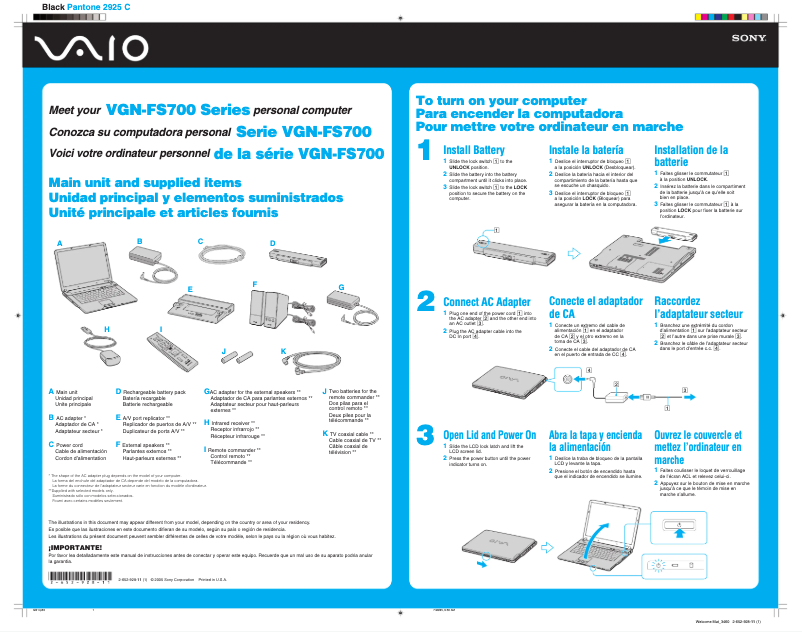 Page 1 de la notice Guide d'installation Sony Vaio VGN-FS745P