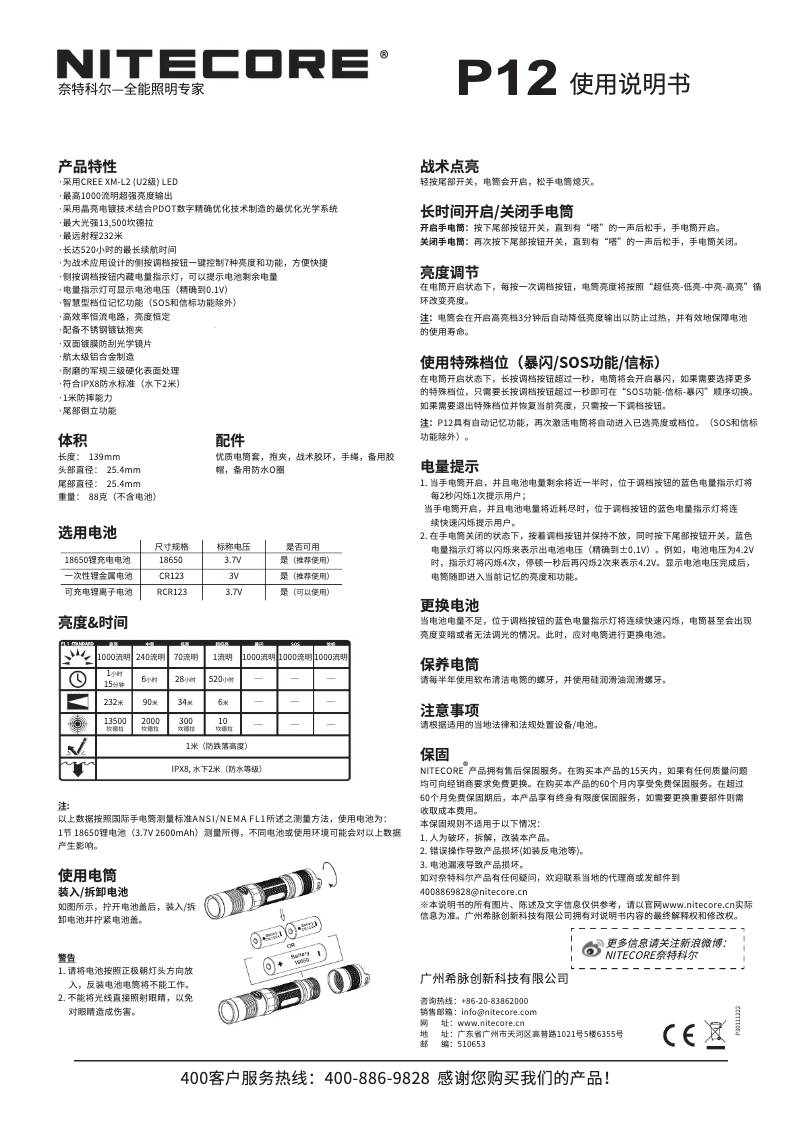 Page n°1 - Manuel utilisateur Nitecore P12