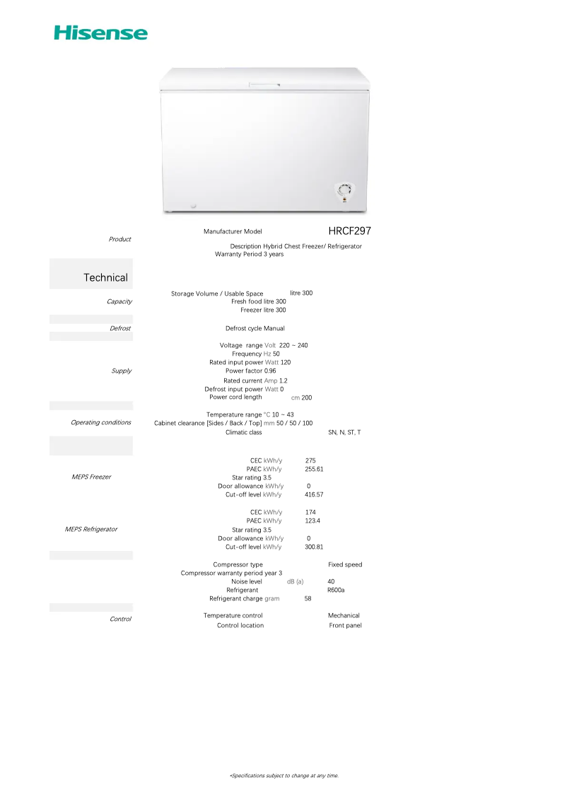 Page 1 de la notice Fiche technique Hisense HRCF297