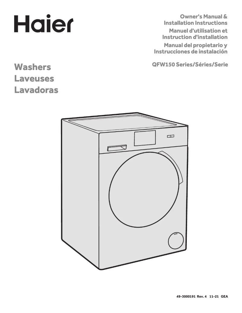 Page 1 de la notice Manuel d'utilisation et d'entretien Haier QFW150SSNWW