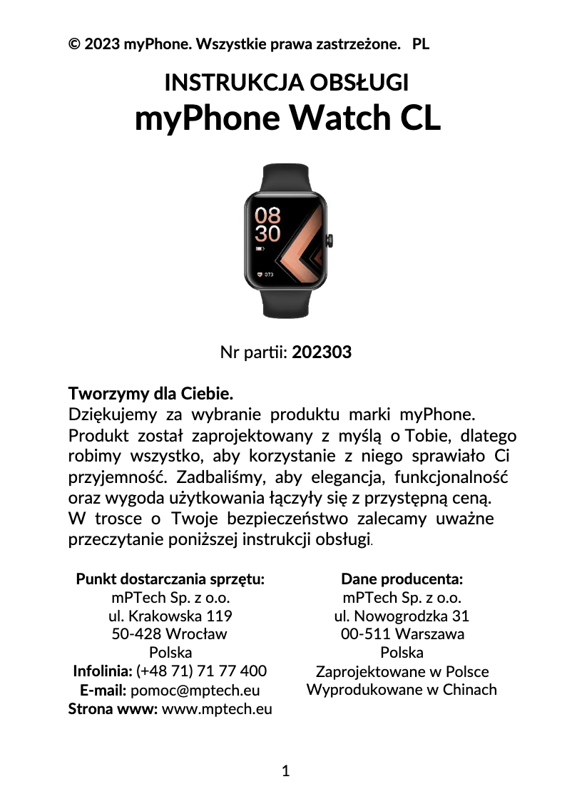 Page n°1 - Manuel utilisateur myPhone Watch CL