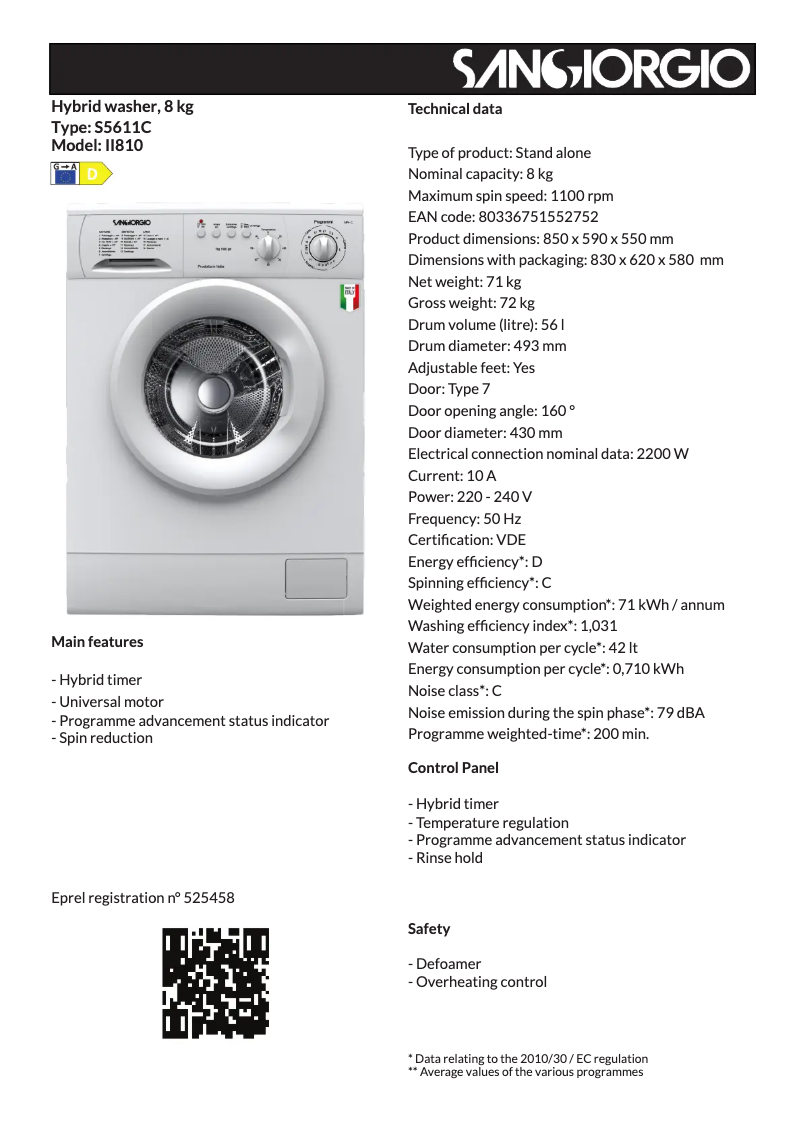 Page 1 de la notice Fiche technique SanGiorgio S5611C