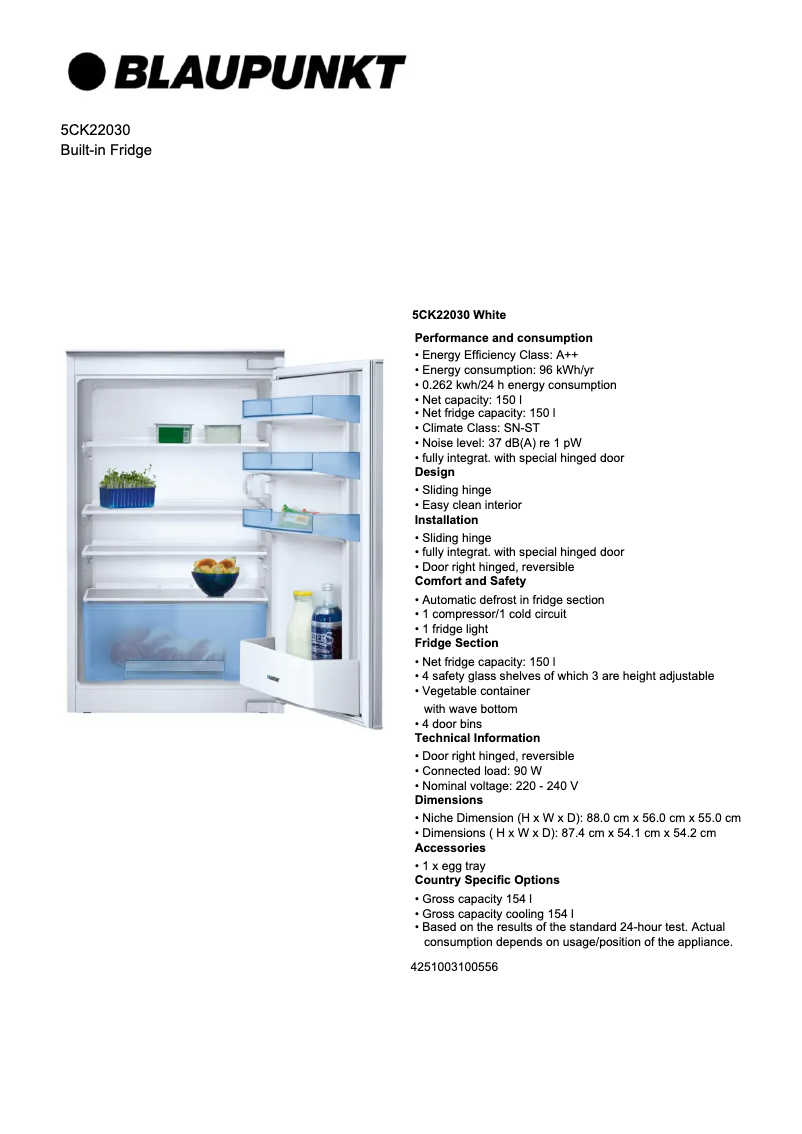 Page 1 de la notice Fiche technique Blaupunkt 5CK 22030